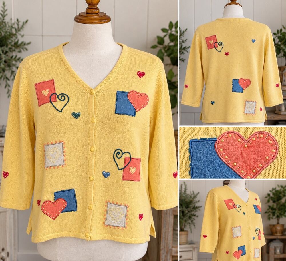 Christopher & Banks Yellow Heart Appliqué Cardigan Sweater Women’s L Cottagecore